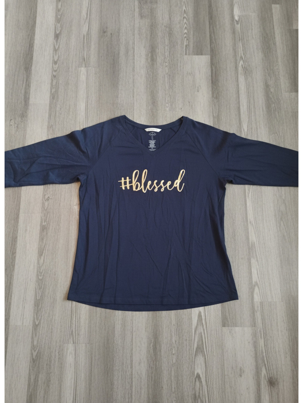 St. John's Bay Women's Navy Blue Long Sleeve V-Neck Shirt with #blessed Print, 0